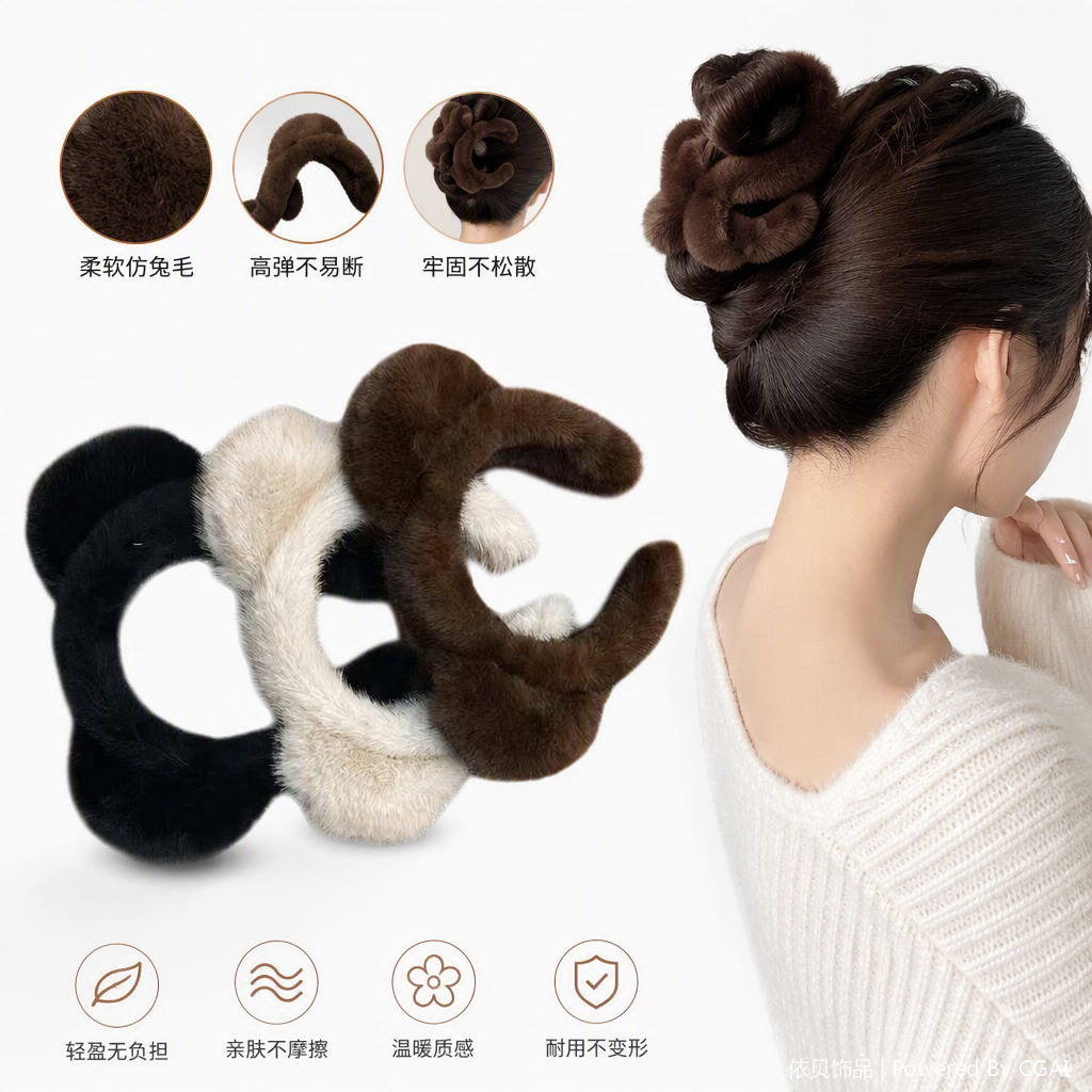 Cute plush rabbit ear headband, black and white, brown children's and adults' headwear, versatile hair accessory headband, trendy accessory for women