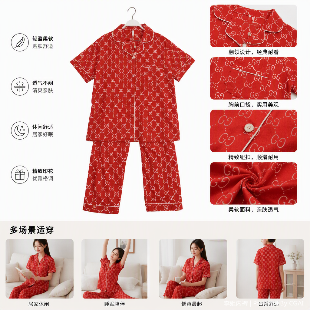 时尚红色白色GG图案休闲睡衣套装舒适家居服女春夏款
