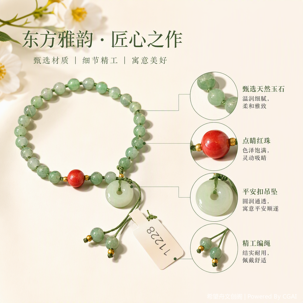 绿色珠串手链中央点缀红色珠子配玉质平安扣绿色绳结时尚手饰赠品标签