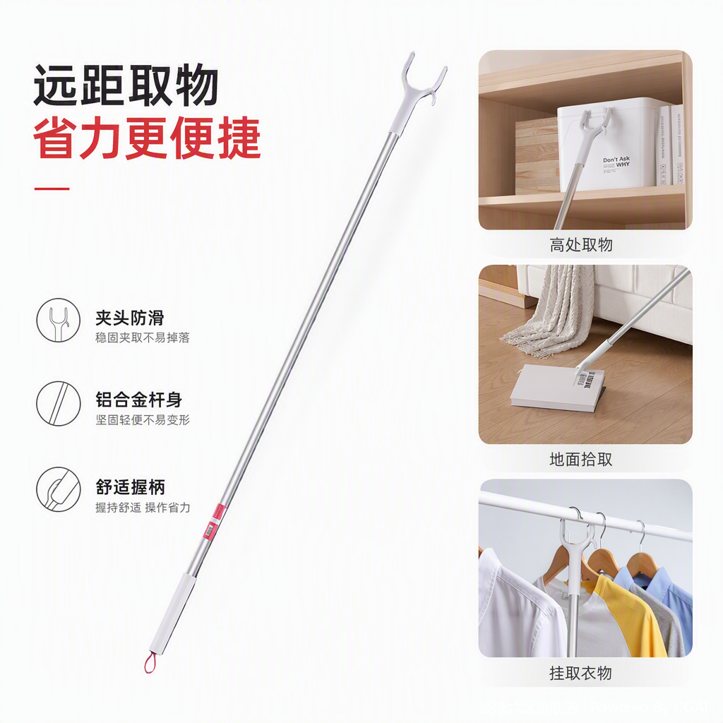 【CL】26Q3#Y1#B Silver telescopic clothes drying pole, white handle, Y-shaped chuck, multi-functional bathroom clothes hanging fork, push rod, hanger hook
