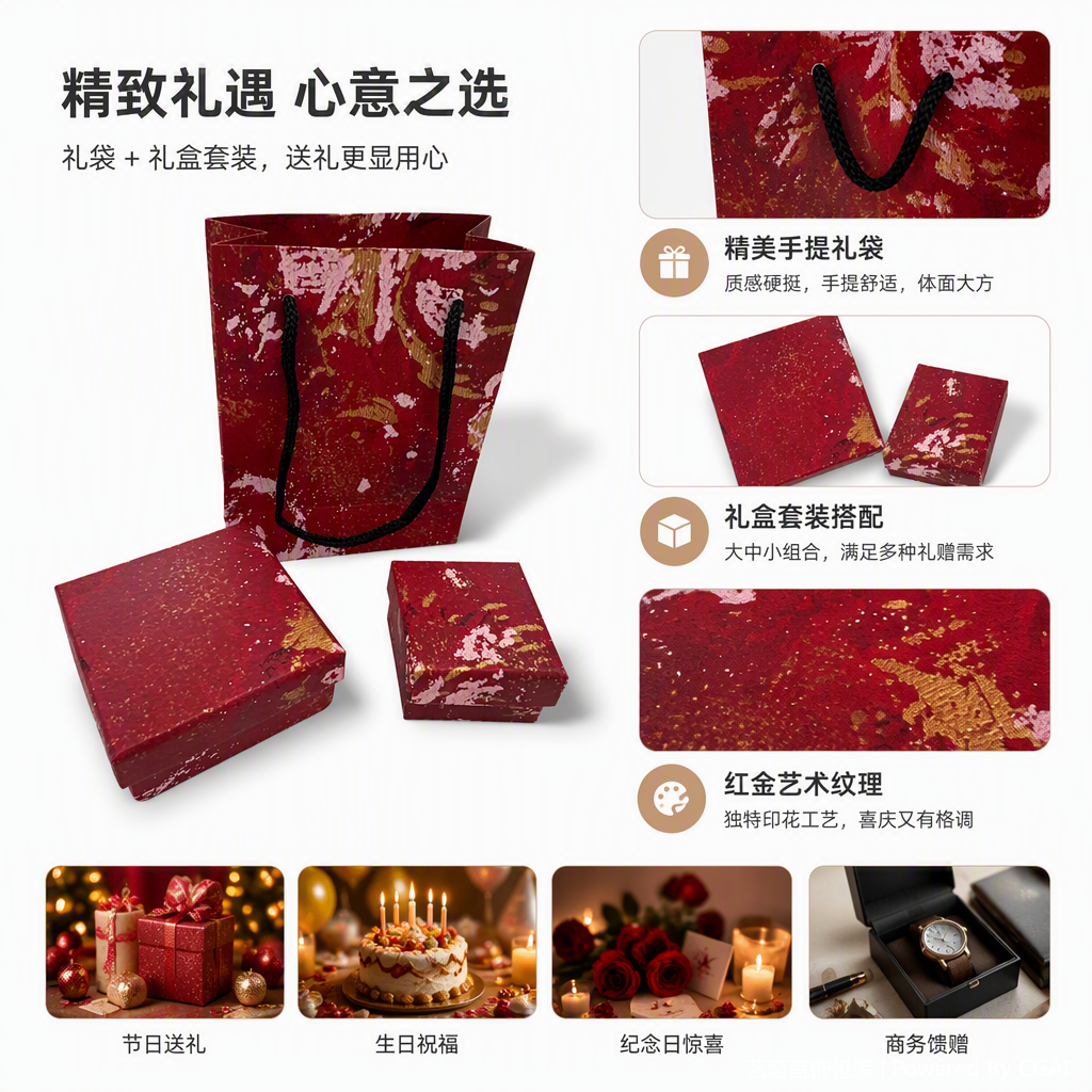 红色礼袋搭配金粉盒双装节日喜庆包装赠礼优雅大方
