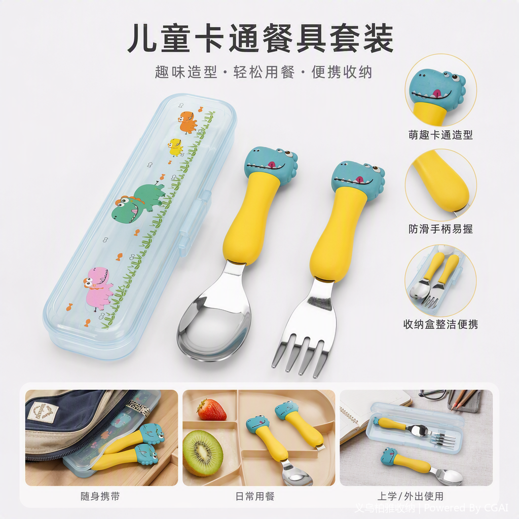 卡通恐龙儿童餐具套装含叉子勺子收纳盒安全耐用宝宝餐具礼盒装