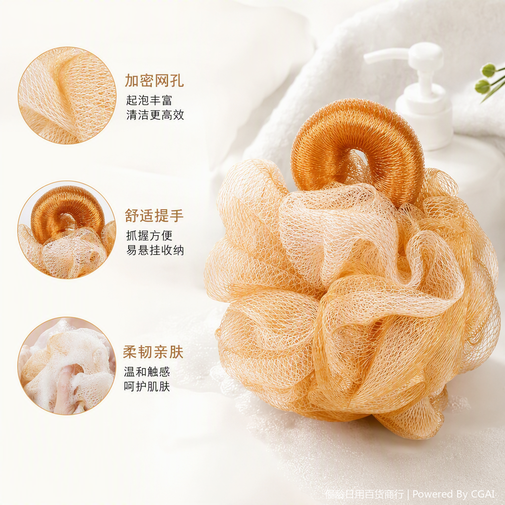 The golden mesh bath ball is soft and fine, cleansing the skin. It has rich foam and a long-lasting fragrance, making it a must-have for the bathroom