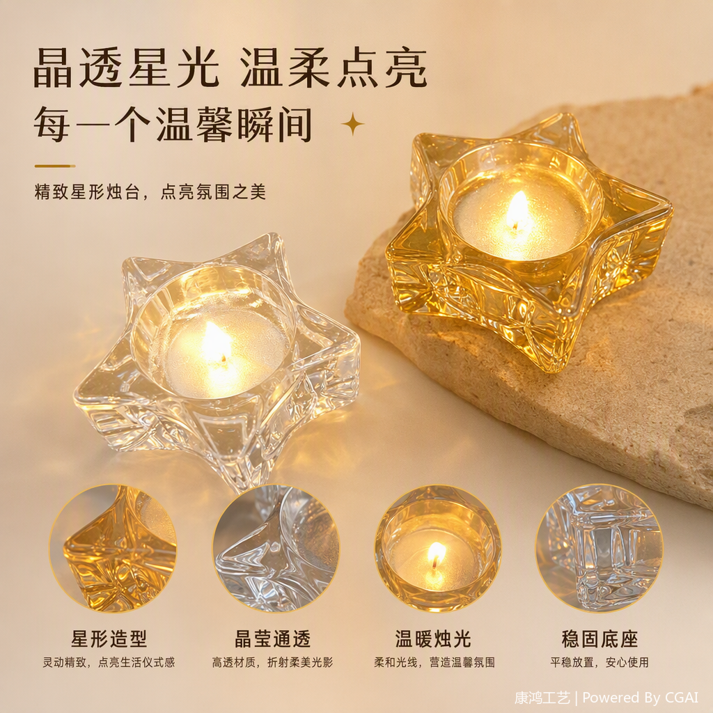 透明星形装饰蜡烛台黄色星星造型创意家居摆件生日派对装饰品