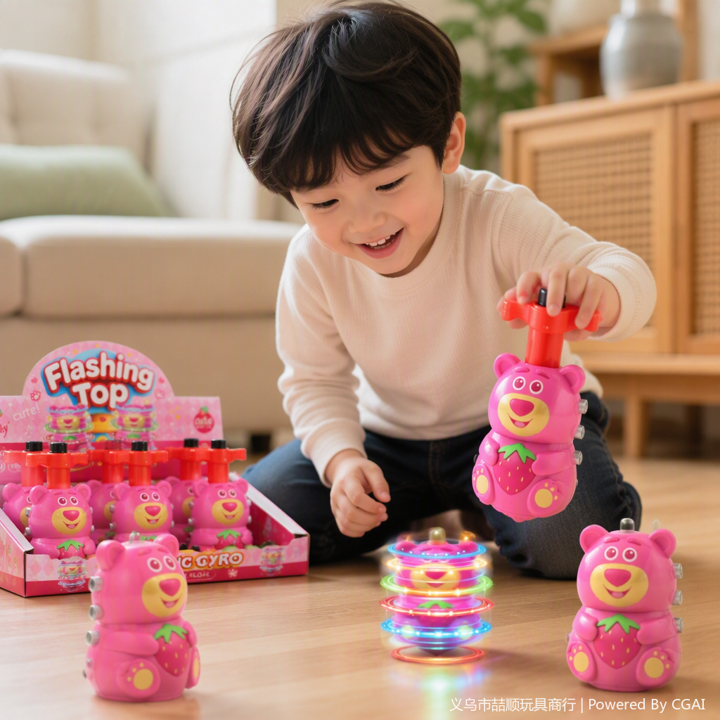 Strawberry bear cartoon press sound and light gyroscope, Seven-color light and music rotating gyroscope, land stand children's toy Specification image