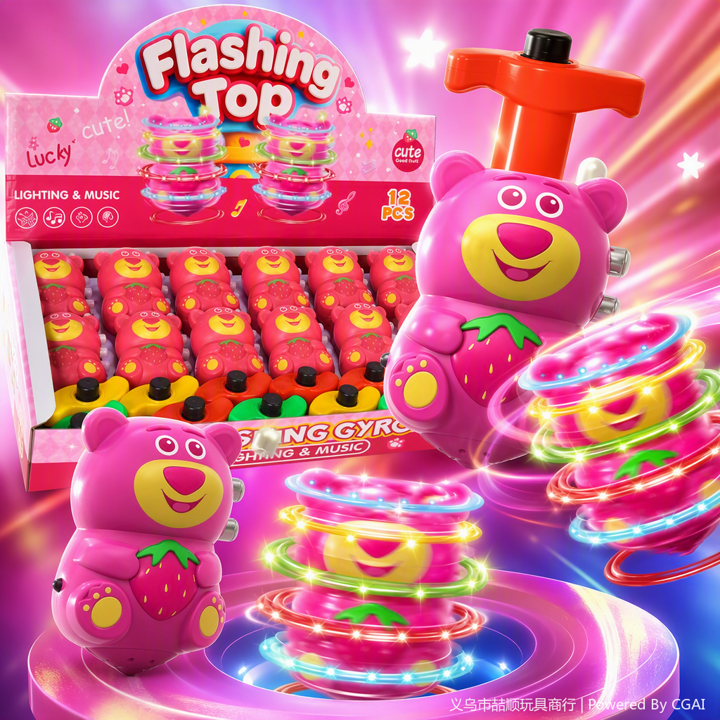 Strawberry bear cartoon press sound and light gyroscope, Seven-color light and music rotating gyroscope, land stand children's toy details Picture