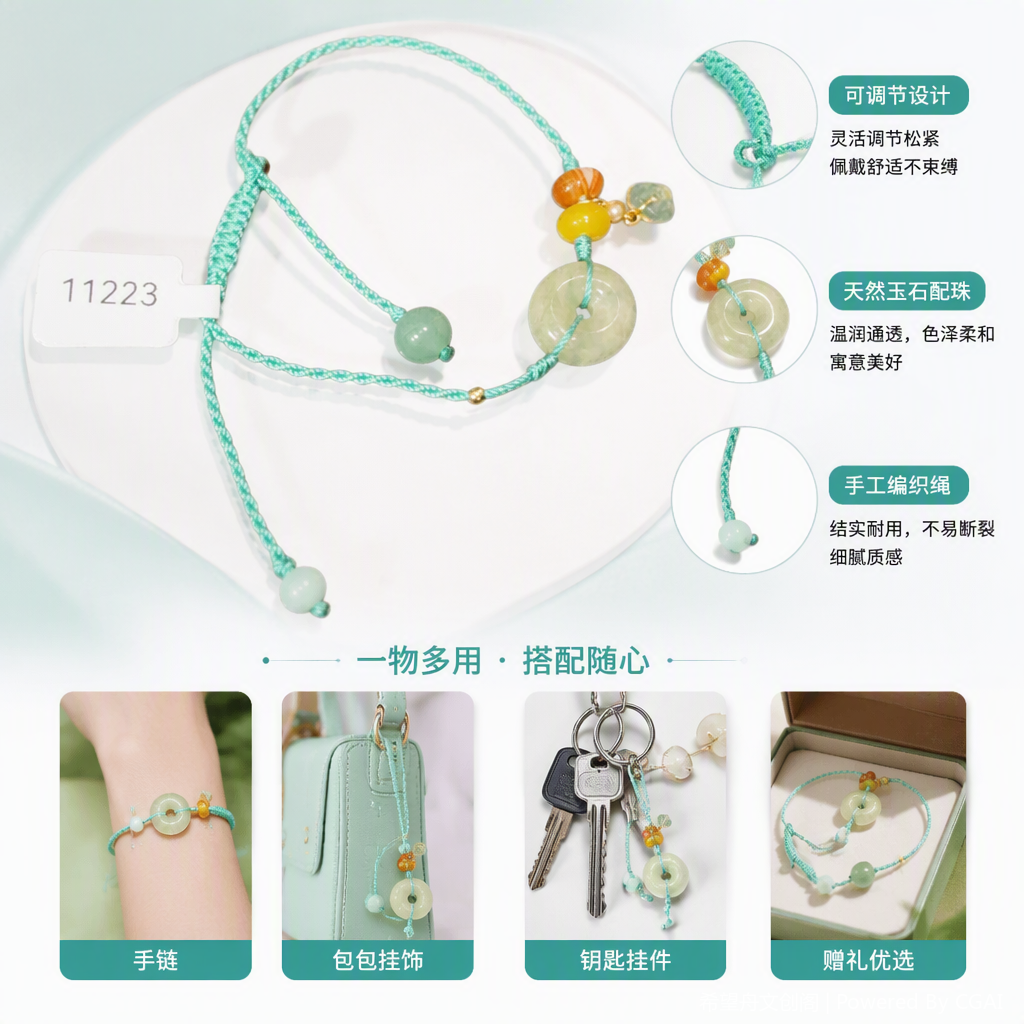 手工编织平安扣手链彩色珠饰绿色绳子时尚潮流男女款送礼品