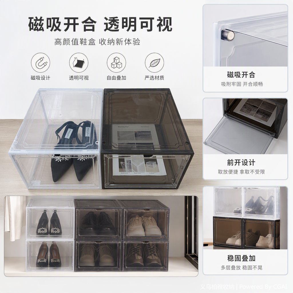 Transparent plastic shoe box, black storage box, simple organization box, transparent durable shoe storage container