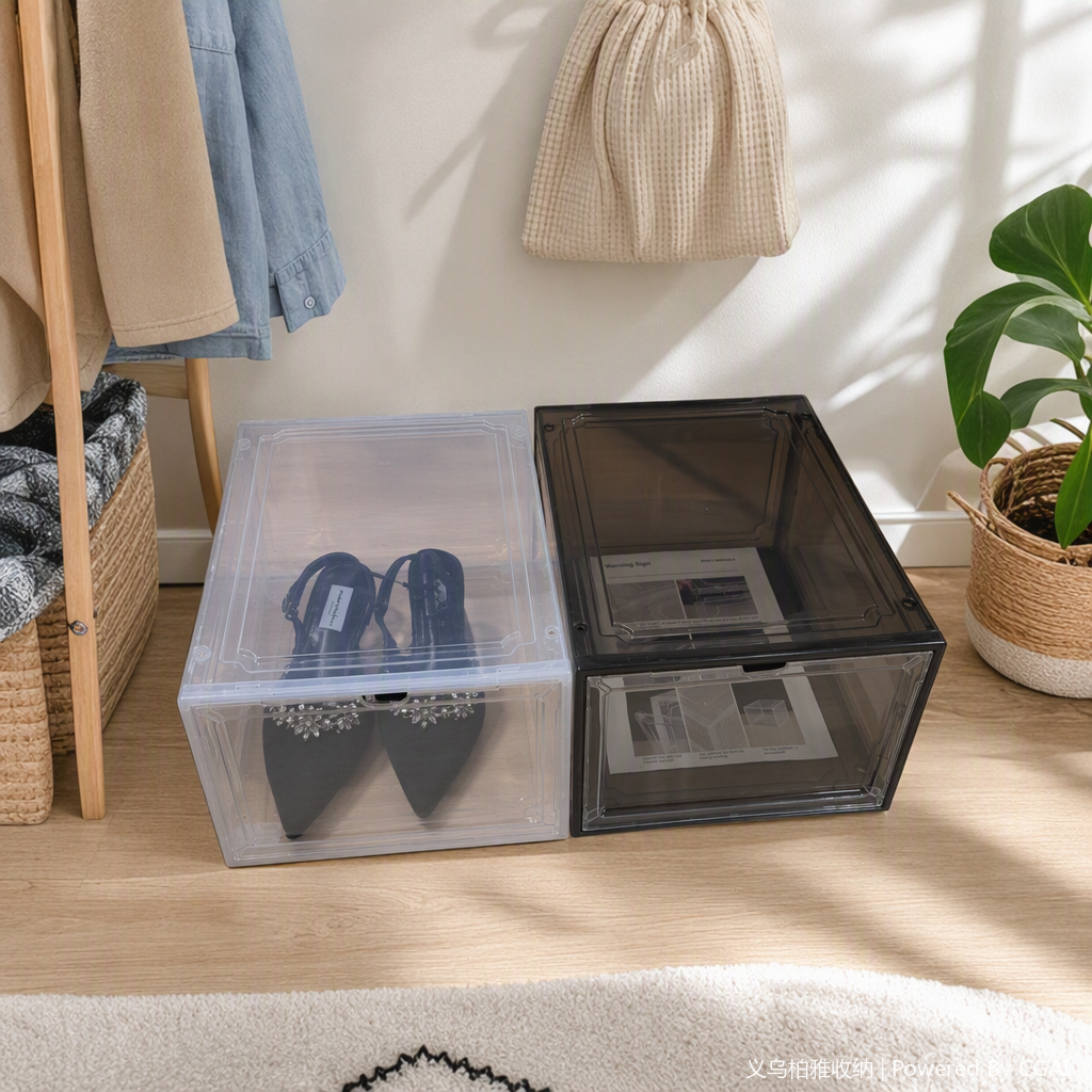 Transparent plastic shoe box, black storage box, simple organization box, transparent durable shoe storage container details Picture