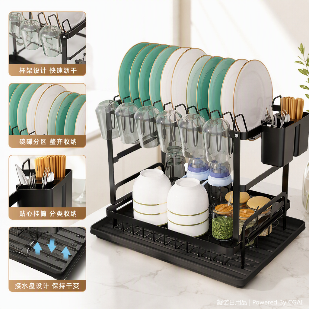 The multi-layer draining rack, kitchenware, black double-layer dish storage rack, transparent cups and seasoning jars are neatly and tidily arranged