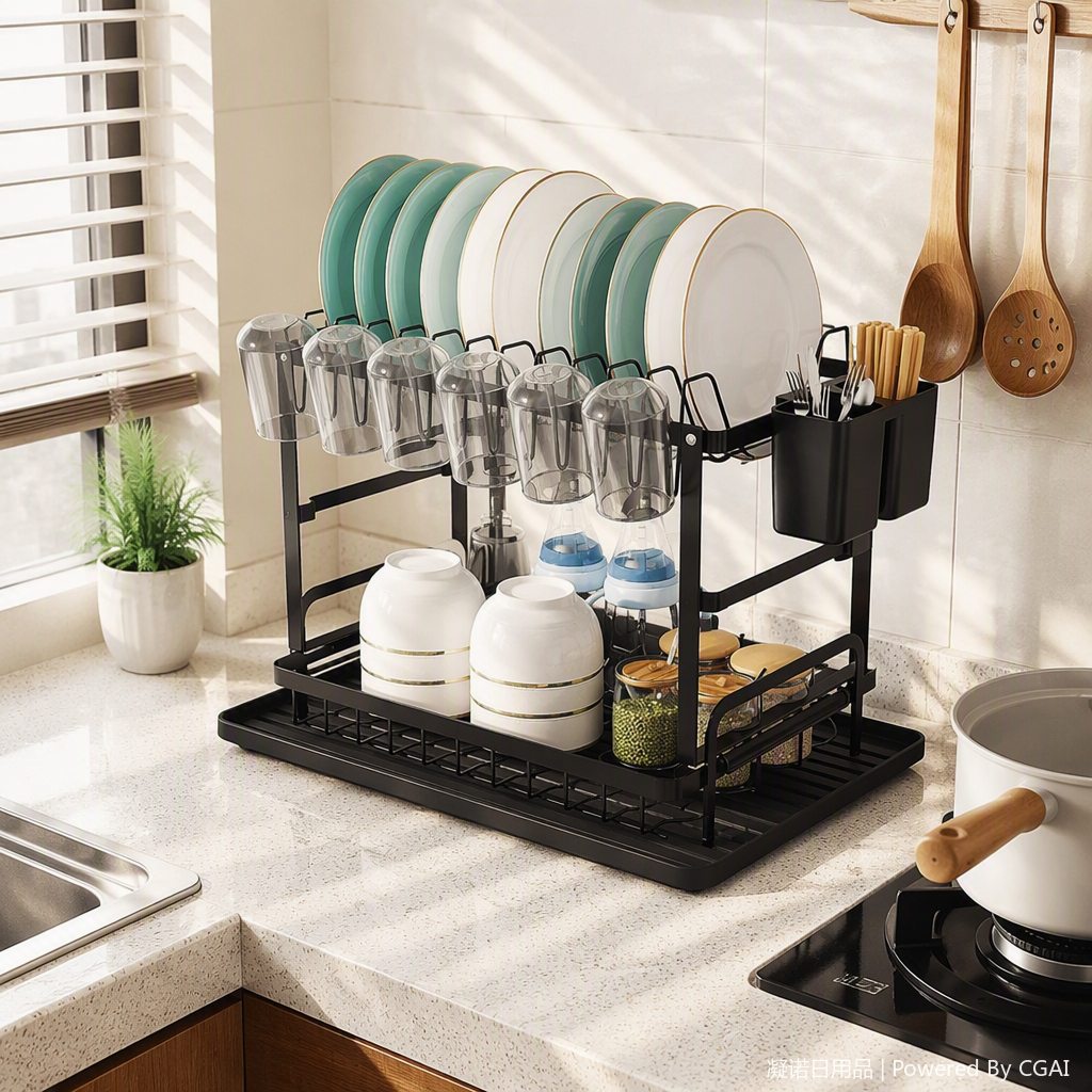 The multi-layer draining rack, kitchenware, black double-layer dish storage rack, transparent cups and seasoning jars are neatly and tidily arranged details Picture
