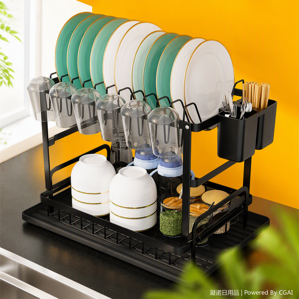The multi-layer draining rack, kitchenware, black double-layer dish storage rack, transparent cups and seasoning jars are neatly and tidily arranged Specification image
