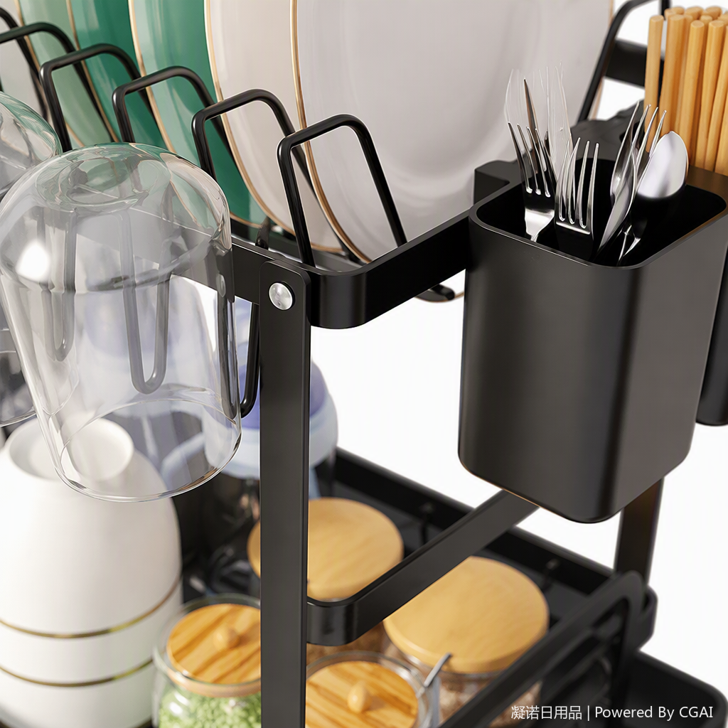 The multi-layer draining rack, kitchenware, black double-layer dish storage rack, transparent cups and seasoning jars are neatly and tidily arranged Application Scenario