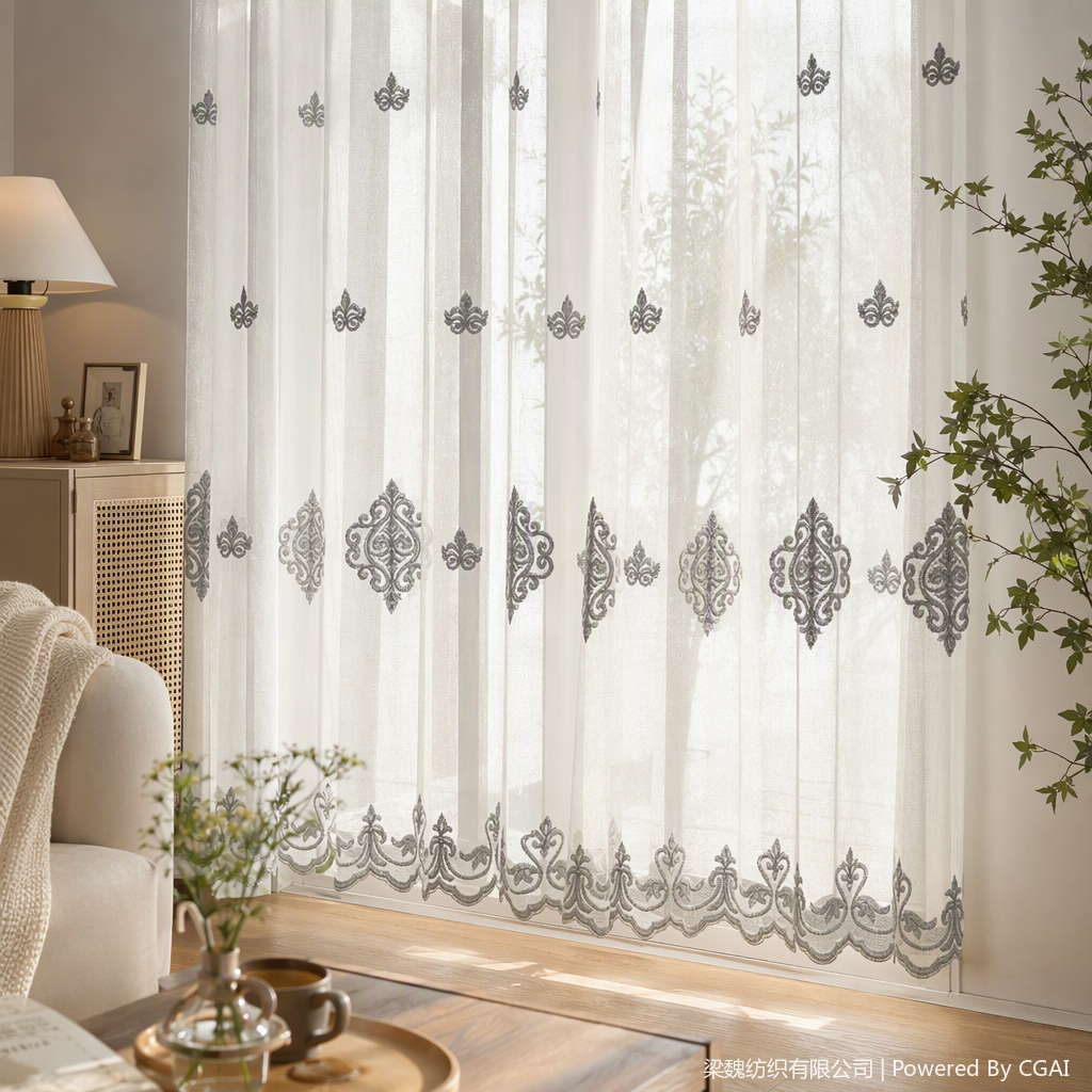 White lace curtains with retro pattern embroidery, grey decorative living room and bedroom window screens, light-transmitting and light-blocking fabric details Picture