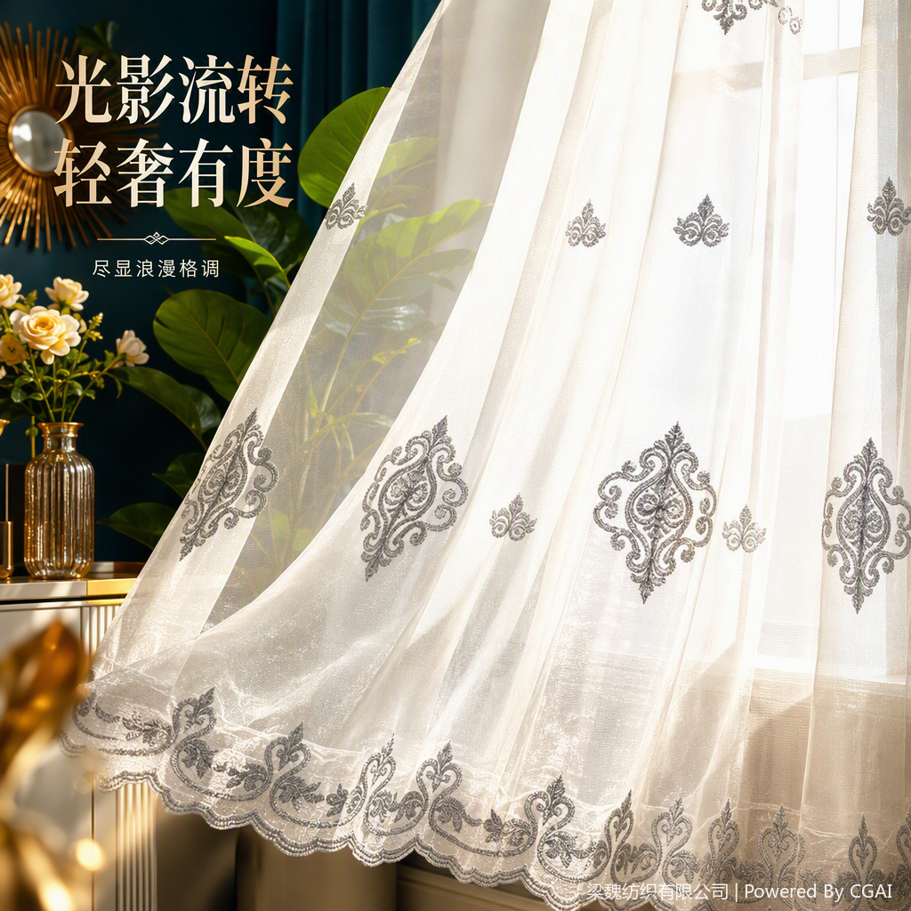 White lace curtains with retro pattern embroidery, grey decorative living room and bedroom window screens, light-transmitting and light-blocking fabric Specification image
