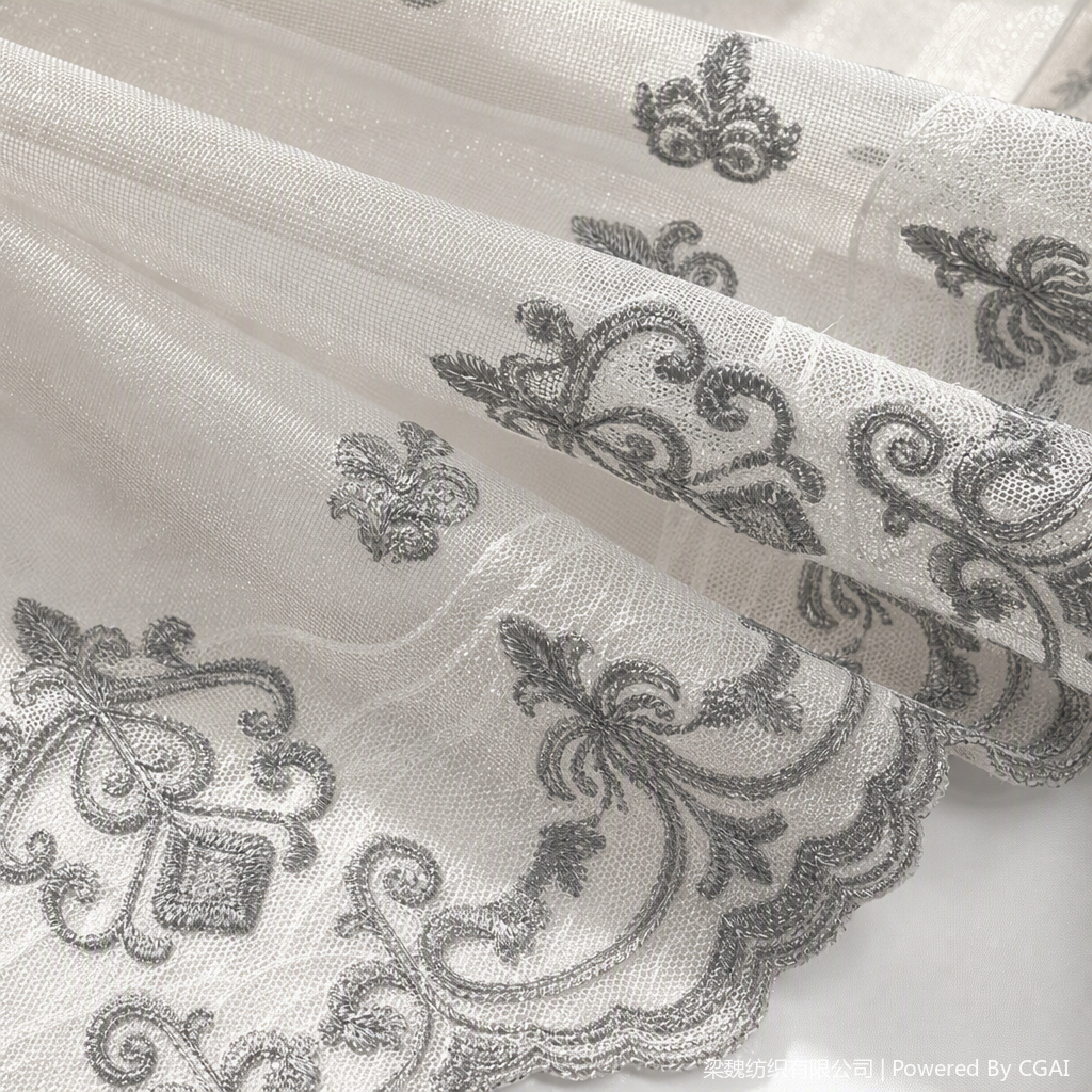 White lace curtains with retro pattern embroidery, grey decorative living room and bedroom window screens, light-transmitting and light-blocking fabric Application Scenario