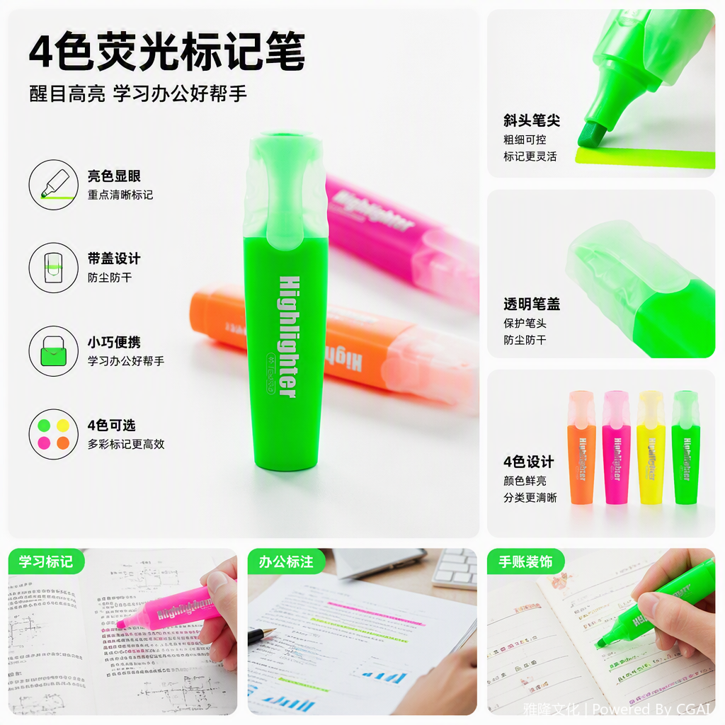 Colorful highlighters, office writing tools, student stationery, cultural learning supplies, bright-colored pens Specification image