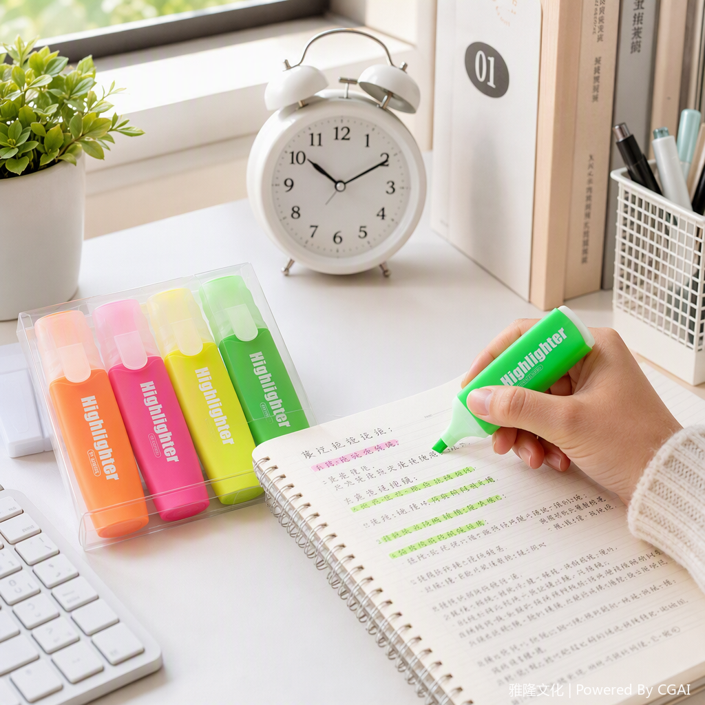 Colorful highlighters, office writing tools, student stationery, cultural learning supplies, bright-colored pens Application Scenario
