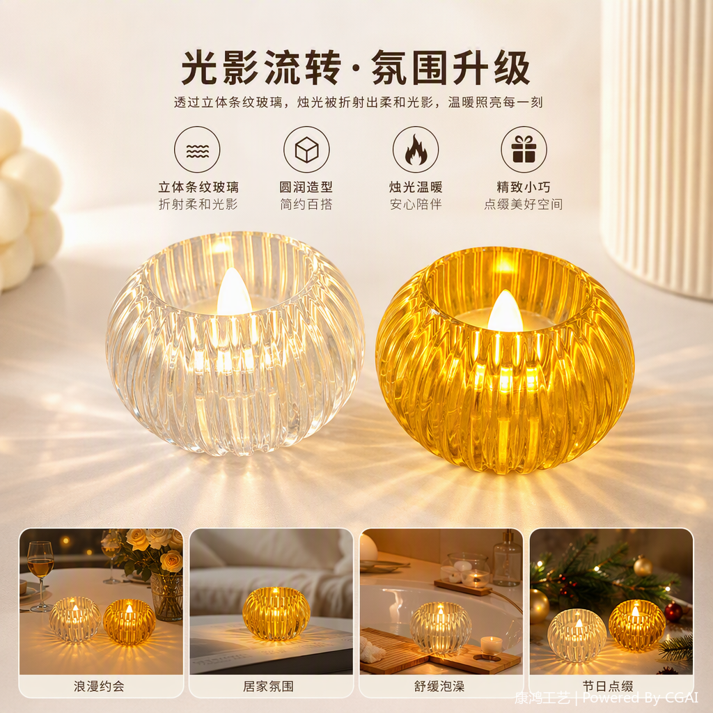 透明玻璃烛台黄色条纹装饰家居摆件一对创意灯具