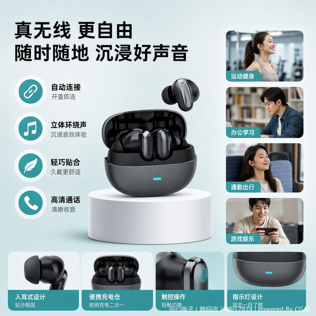 Fashionable black wireless headphones with Bluetooth noise-cancelling, in-ear sports design, lightweight and portable, long battery life, compatible with multiple devices