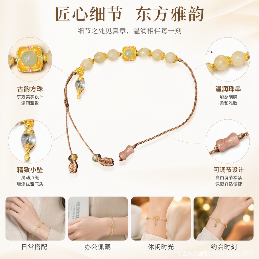 棕色绳编手链配淡黄珠子金色镶绿玉方饰透明水晶坠粉红调节扣时尚手饰