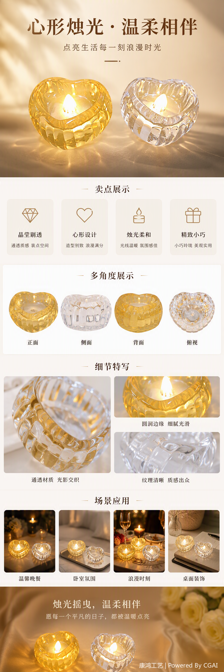 优雅心形玻璃烛台创意家居装饰浪漫蜡烛台摆件现代简约款式详情1