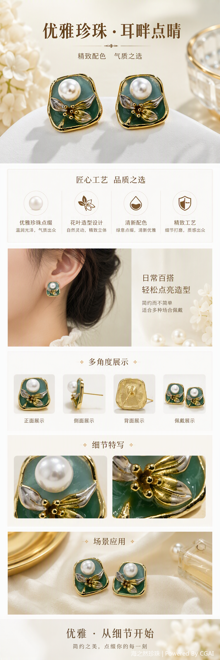 Bisel de oro esmeralda pendientes cuchillas de perlas adorno simple moda orejas estilo mujer regalo para novia pic 1