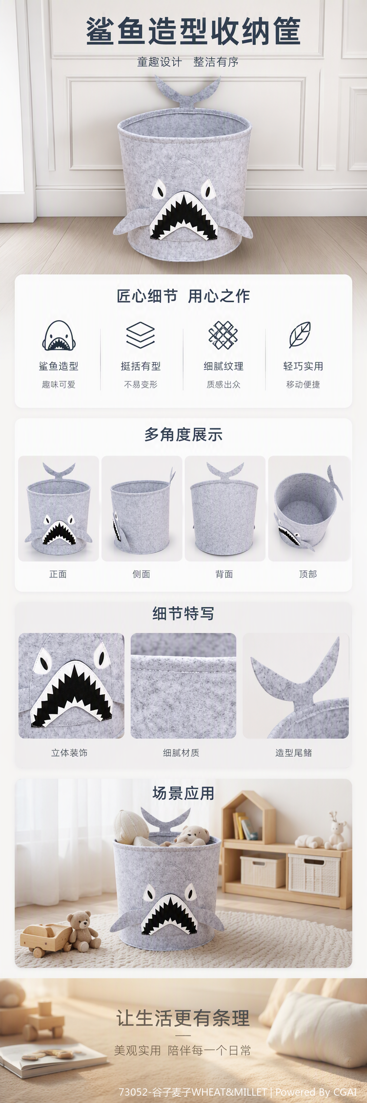 Grey shark-shaped storage bucket for home living room and bedroom organization and storage pic 1