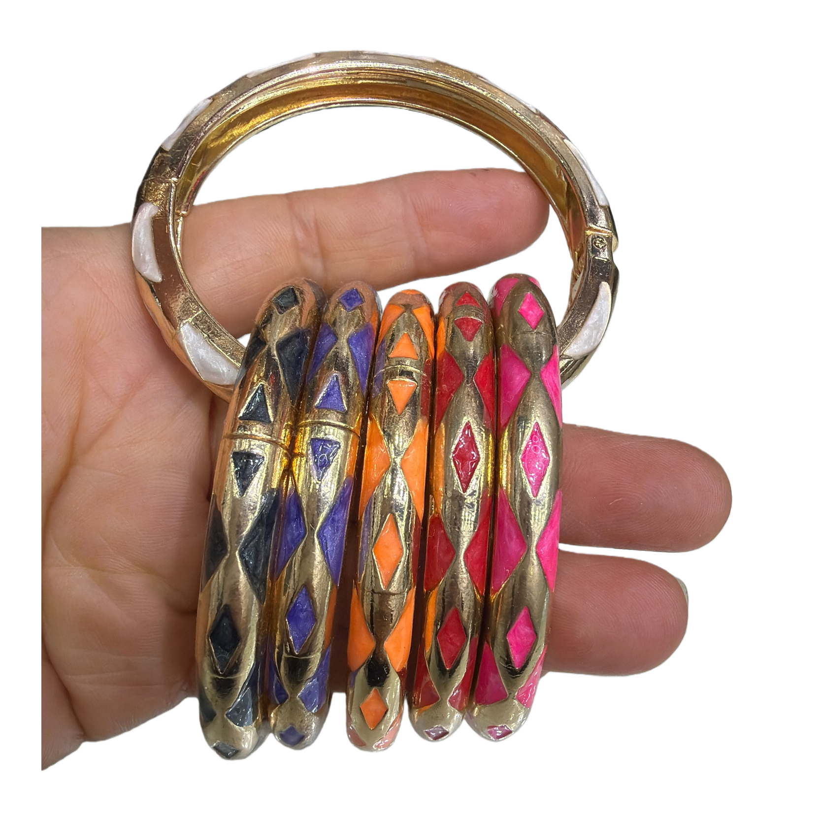 This golden bracelet with colored glaze and geometric patterns is a fashionable, versatile and simple jewelry accessory. It is a trendy gift for women Item Picture