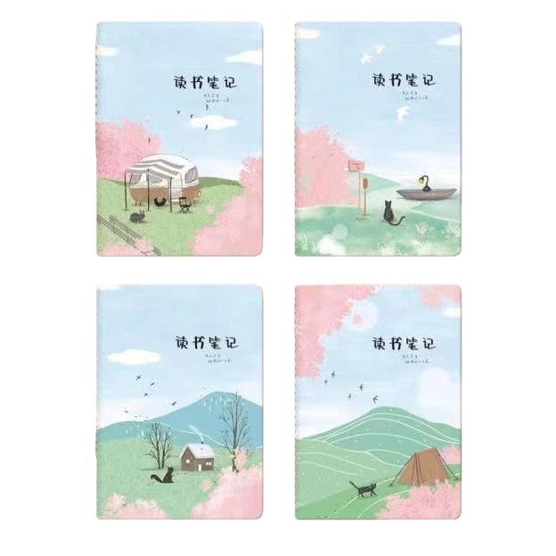 The notebook cover in a color illustration style features pink cherry blossoms, green hills, warm and natural elements, a wooden background, green plants, newspaper corners, black-framed glasses, and colorful pencil decorations Item Picture