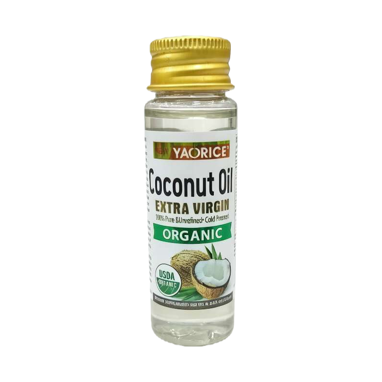 Transparent glass bottle coconut oil with golden screw cap, organic certified multi-purpose nourishing and skin care essential oil Item Picture