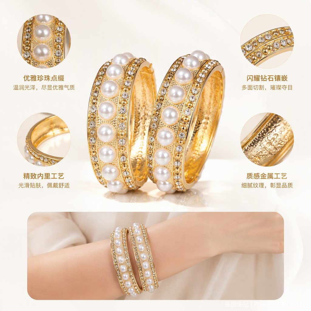 This golden pearl inlaid diamond bracelet is a fashionable and elegant ladies' jewelry and an excellent gift