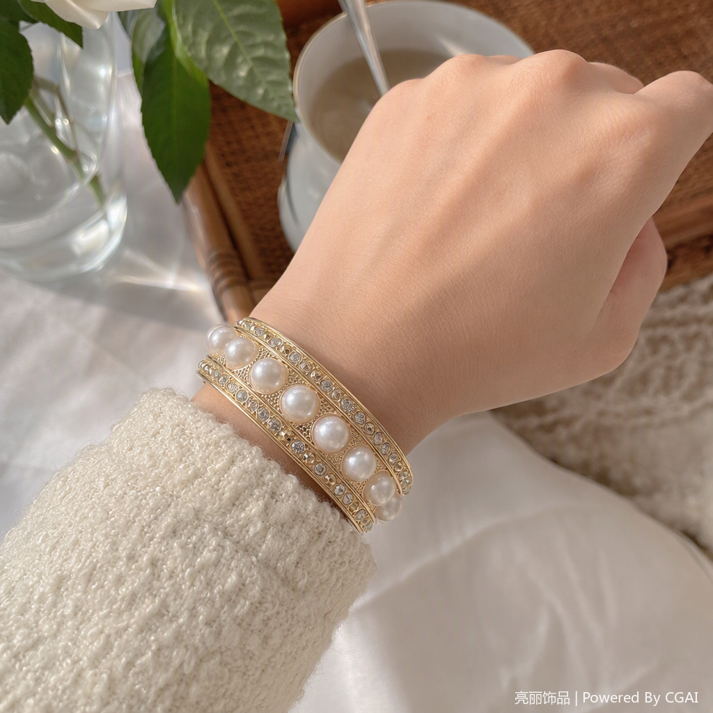 This golden pearl inlaid diamond bracelet is a fashionable and elegant ladies' jewelry and an excellent gift details Picture