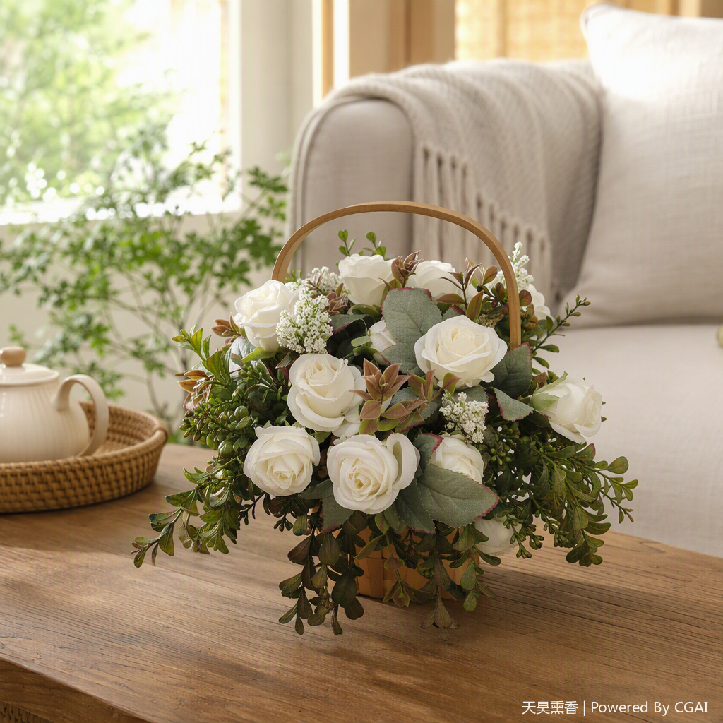 Romantic white rose basket, flower gift box, for birthday, Valentine's Day, wedding decoration, flower arrangement, beautiful floral art details Picture