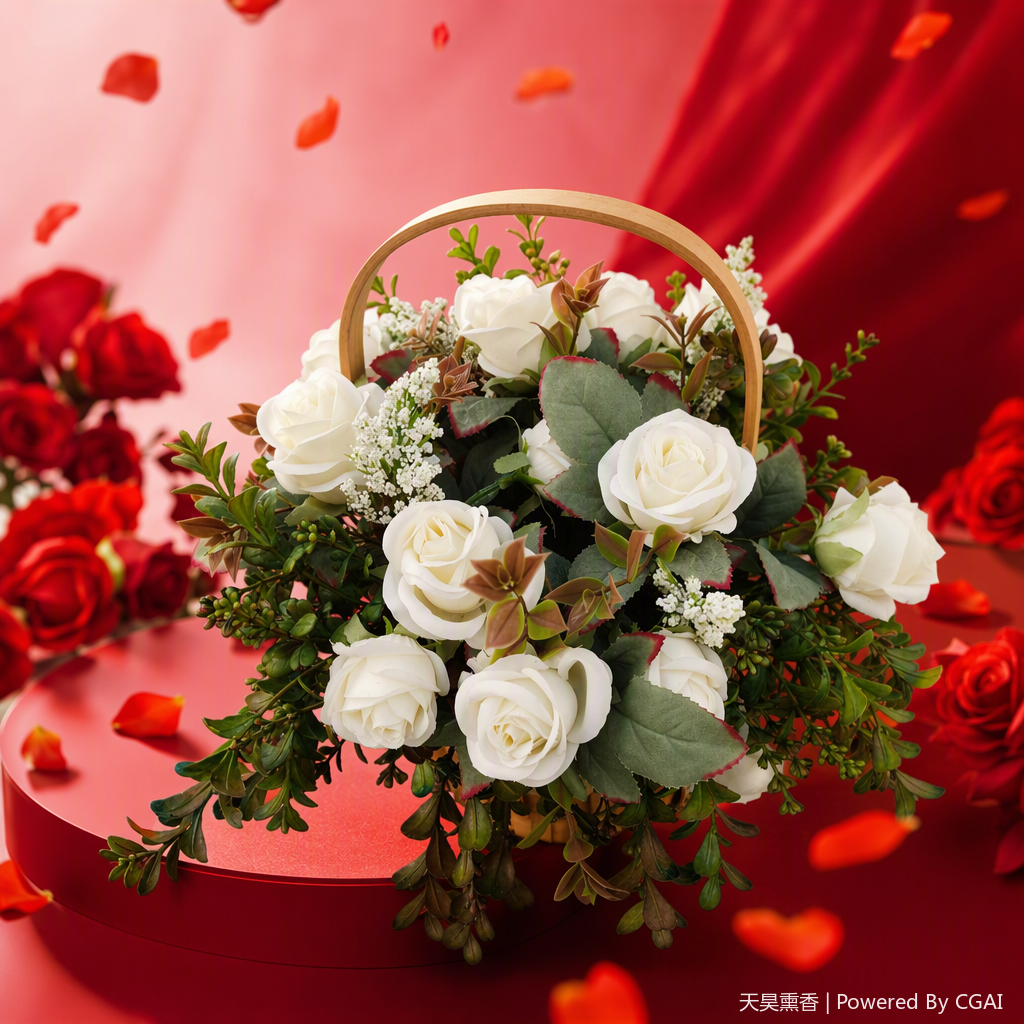 Romantic white rose basket, flower gift box, for birthday, Valentine's Day, wedding decoration, flower arrangement, beautiful floral art Specification image