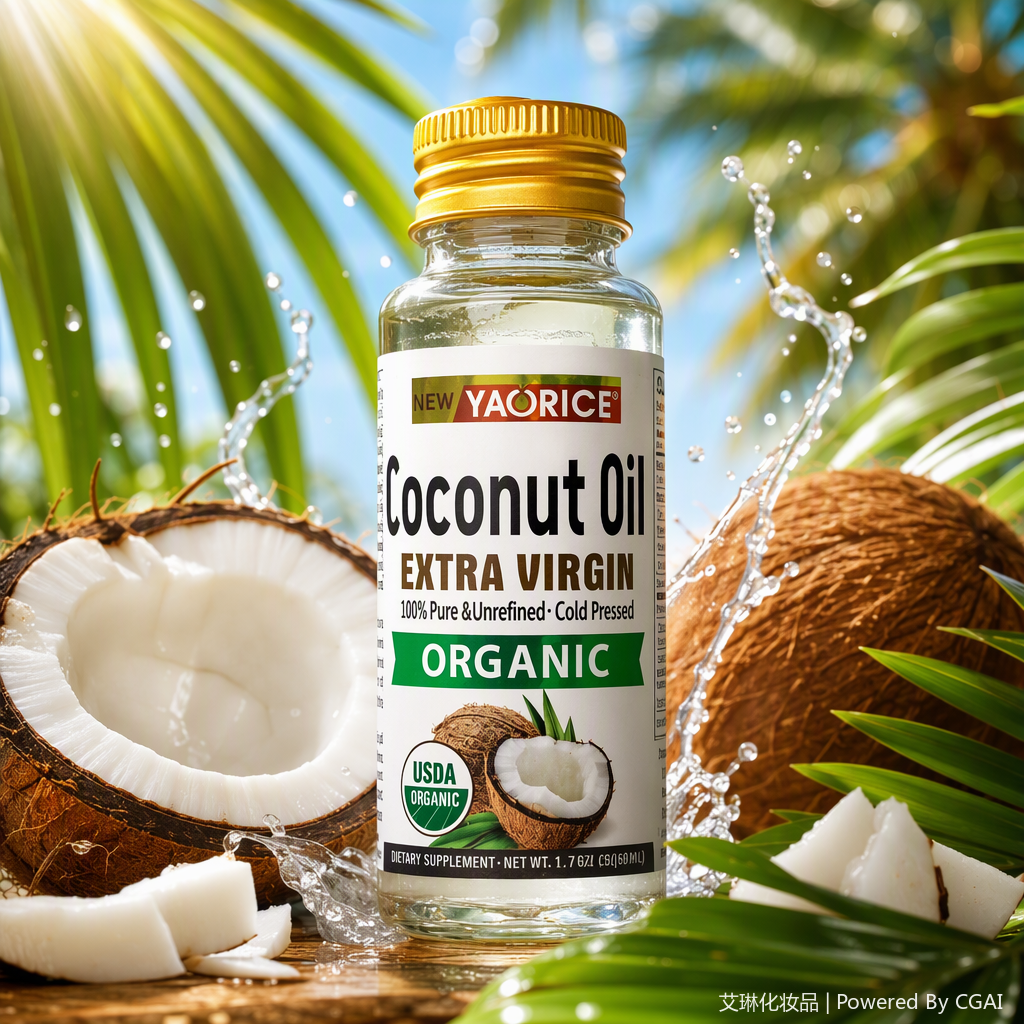 New Yaris Organic Extra Virgin Coconut Oil, transparent glass bottle with golden screw cap, USDA certified, nutritious and healthy Specification image