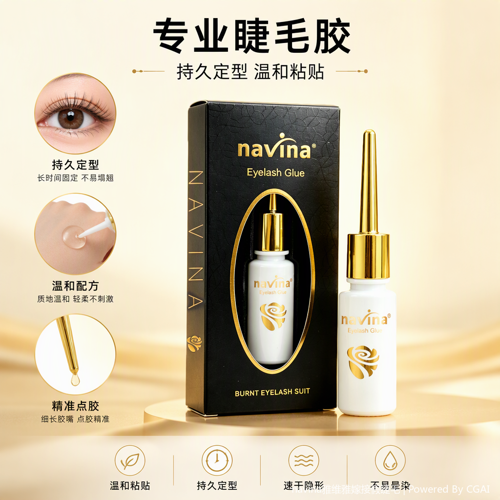 navina professional eyelash glue, black packaging, white glue bottle, golden cap, long-lasting setting, gentle adhesion, easy to operate, suitable for natural makeup