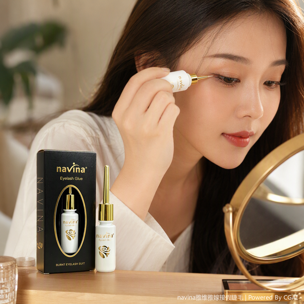 navina professional eyelash glue, black packaging, white glue bottle, golden cap, long-lasting setting, gentle adhesion, easy to operate, suitable for natural makeup details Picture