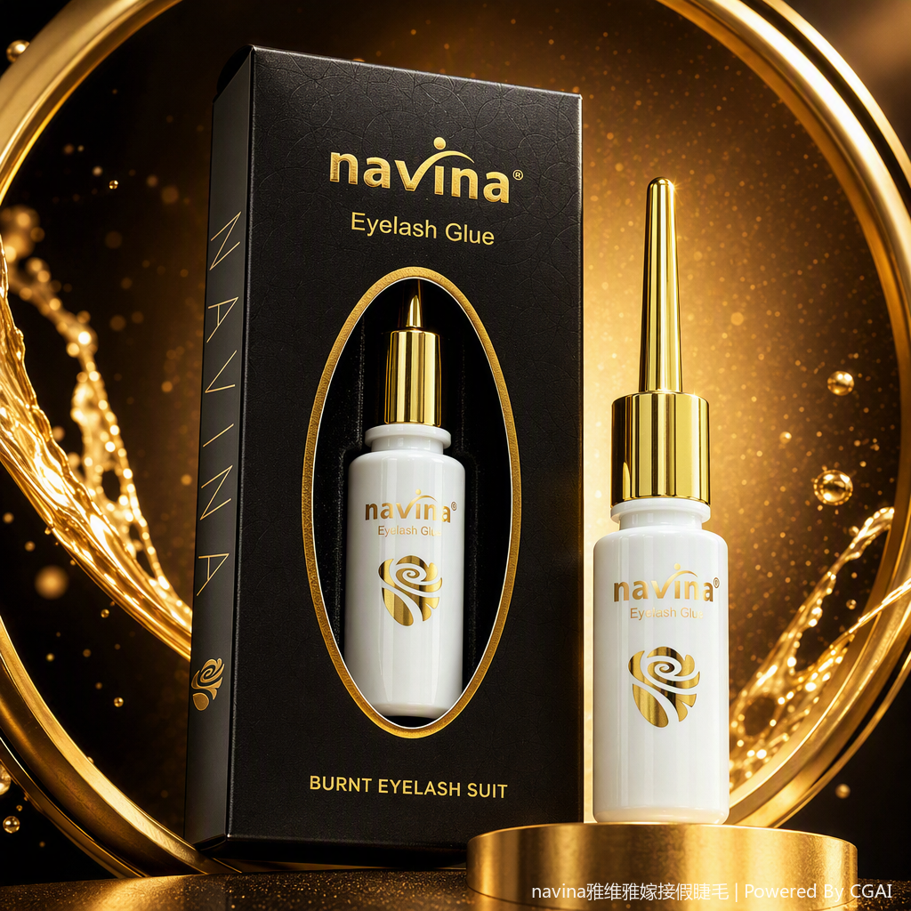 navina professional eyelash glue, black packaging, white glue bottle, golden cap, long-lasting setting, gentle adhesion, easy to operate, suitable for natural makeup Specification image