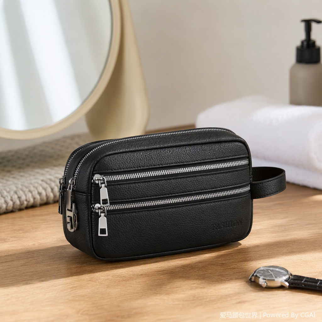 Bolsa de tocador de cuero negro de alta gama viaje portátil hombre mujer multifuncional bolsa de almacenamiento artículos de cuero regalos details Picture