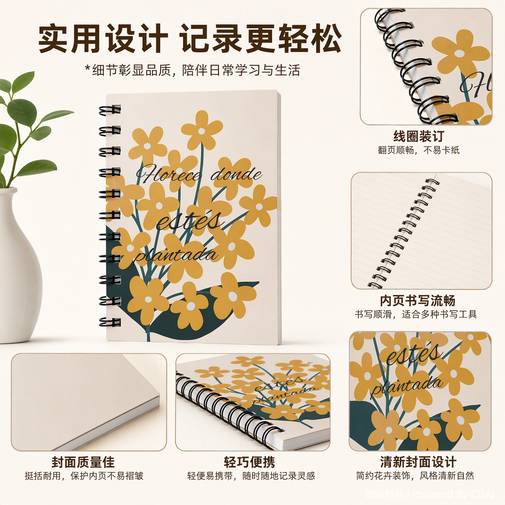 Donghu Paper Products A6 Gentle yellow small flower coil notebook with simple illustrations for students