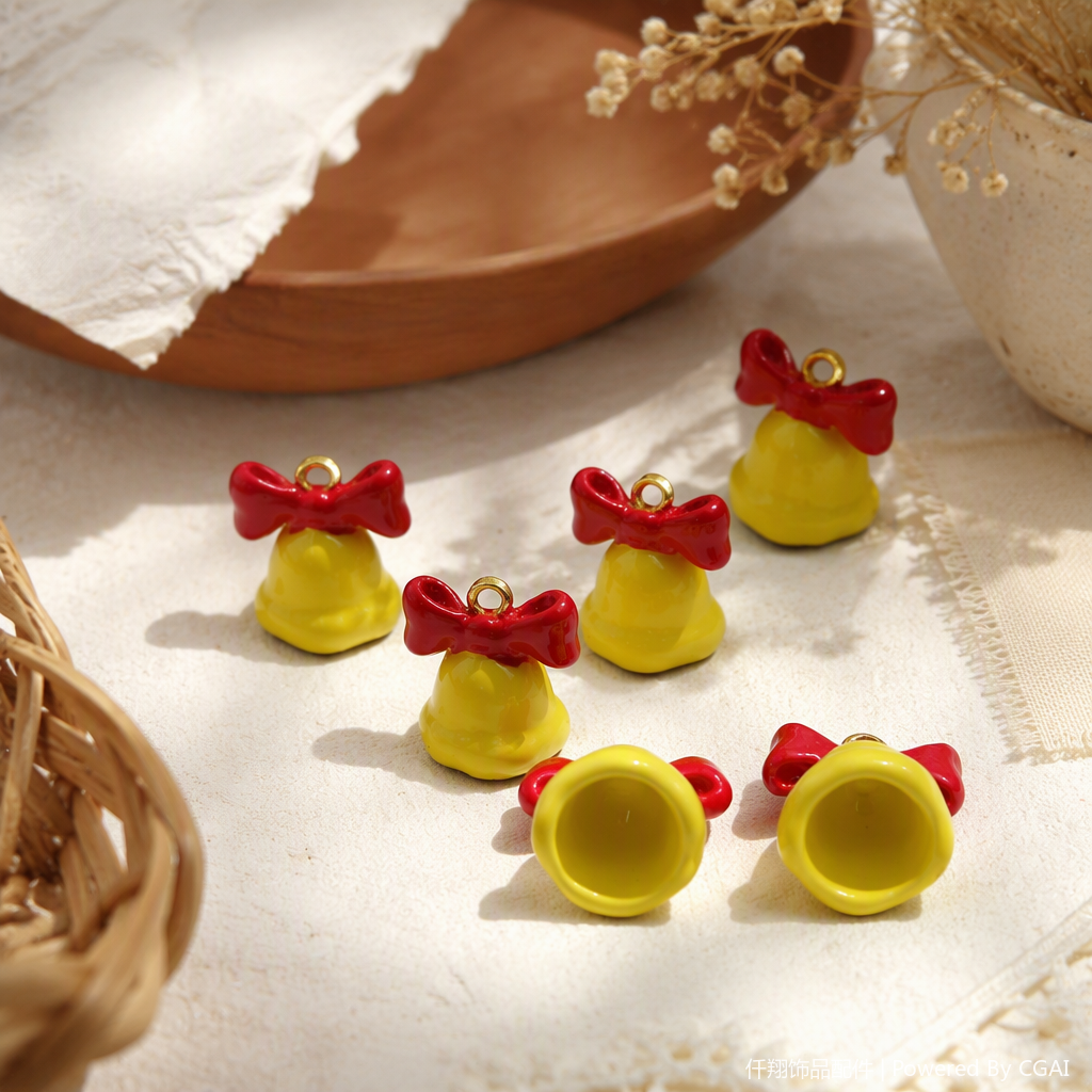 A cute yellow bell with a red bow pendant is a fashionable handcrafted accessory for girls as a gift details Picture