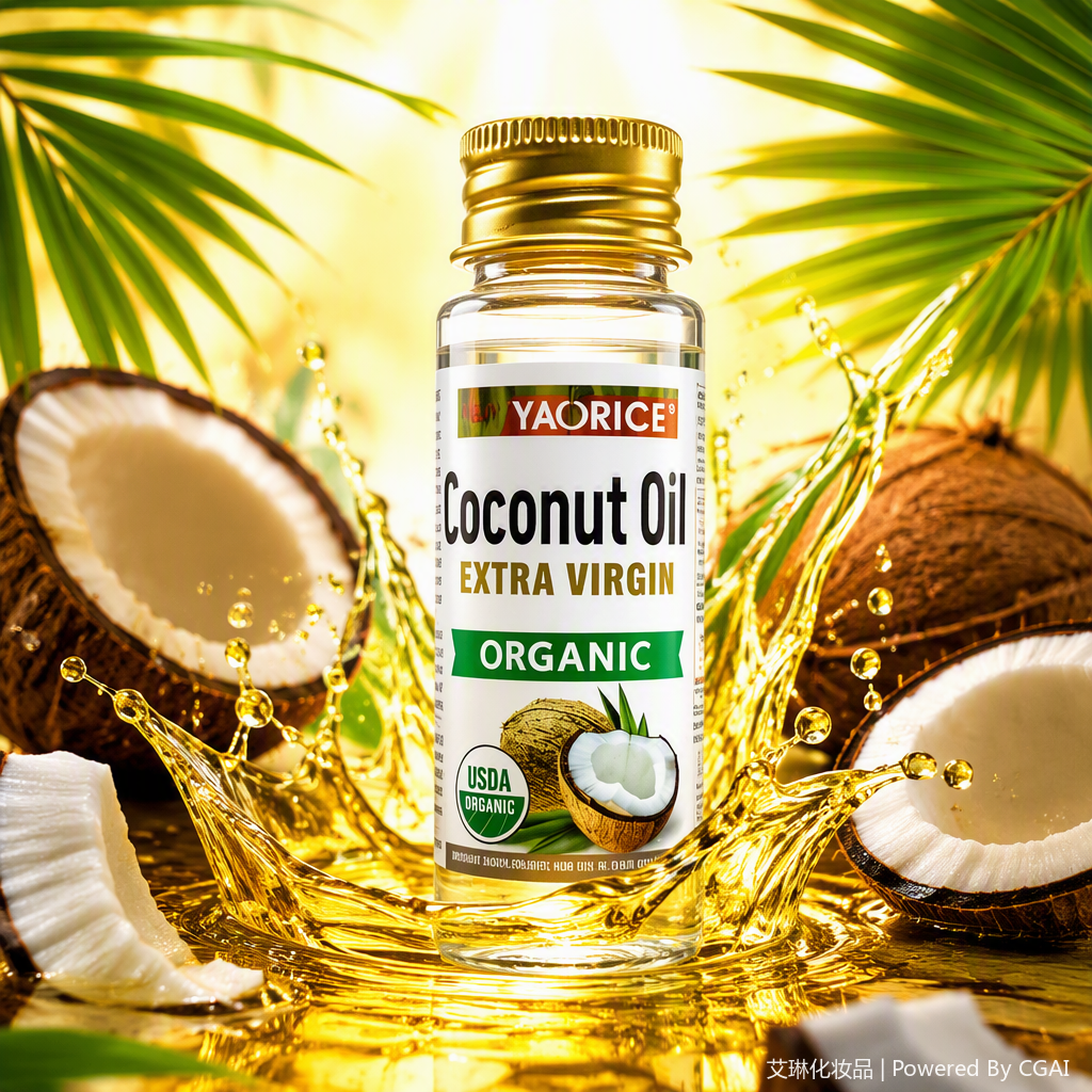 Transparent glass bottle coconut oil with golden screw cap, organic certified multi-purpose nourishing and skin care essential oil Specification image