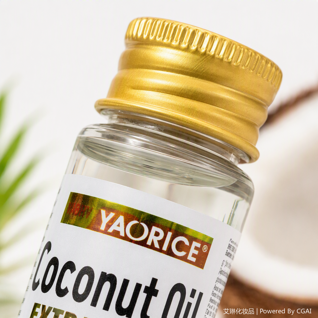 Transparent glass bottle coconut oil with golden screw cap, organic certified multi-purpose nourishing and skin care essential oil Application Scenario