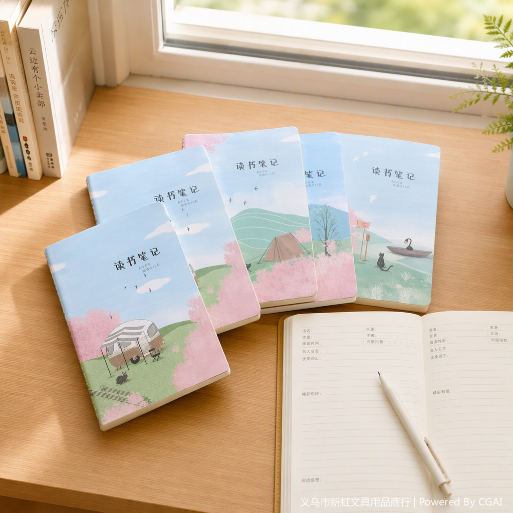The notebook cover in a color illustration style features pink cherry blossoms, green hills, warm and natural elements, a wooden background, green plants, newspaper corners, black-framed glasses, and colorful pencil decorations details Picture