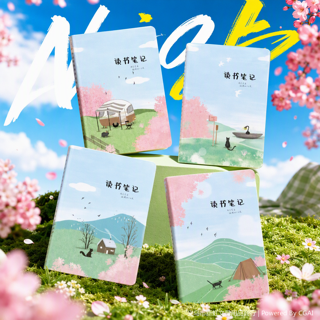 The notebook cover in a color illustration style features pink cherry blossoms, green hills, warm and natural elements, a wooden background, green plants, newspaper corners, black-framed glasses, and colorful pencil decorations Specification image