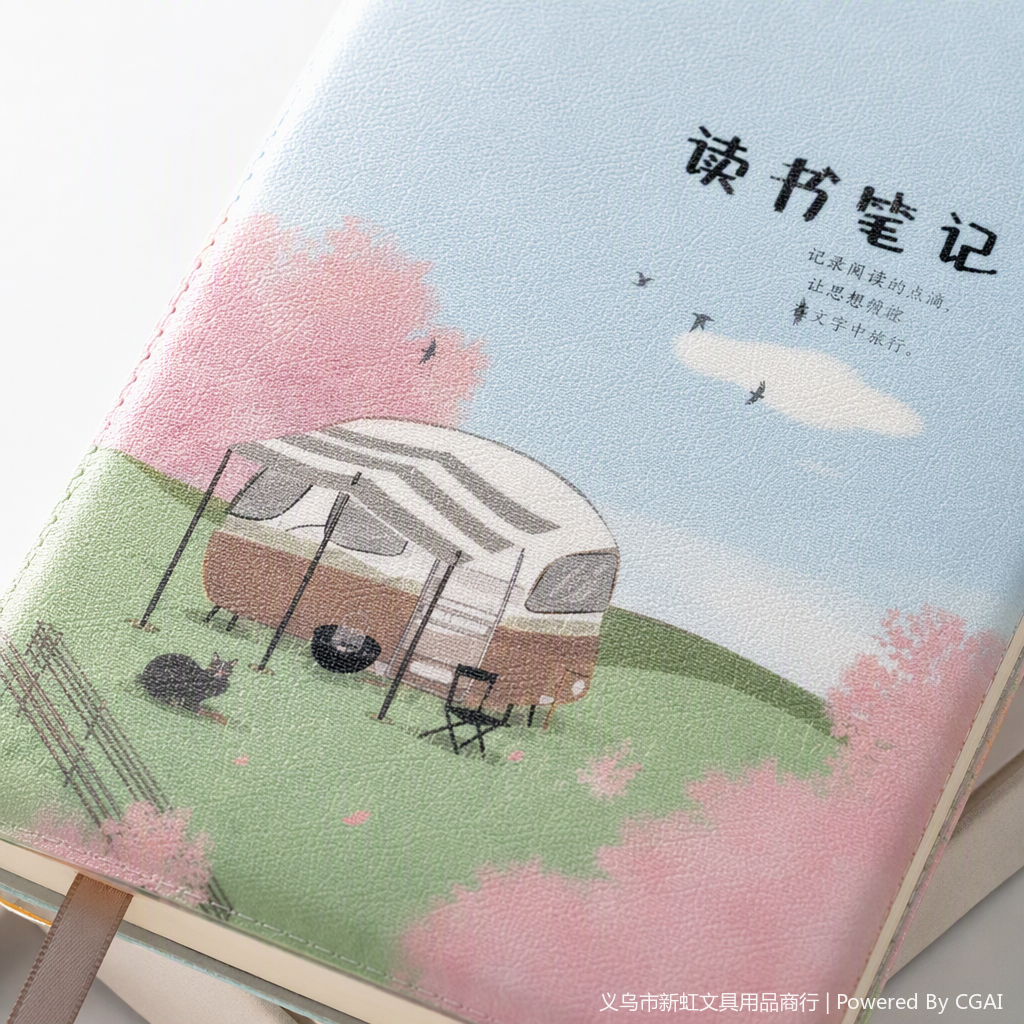 The notebook cover in a color illustration style features pink cherry blossoms, green hills, warm and natural elements, a wooden background, green plants, newspaper corners, black-framed glasses, and colorful pencil decorations Application Scenario