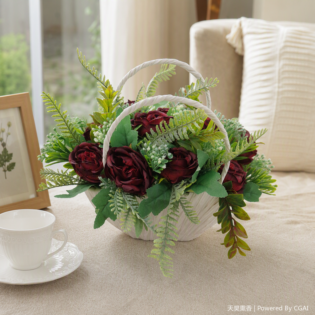 White flower baskets, deep red rose bouquets, romantic fresh flower arrangements, gifts for birthdays, Valentine's Day, wedding decorations, handcrafted details Picture