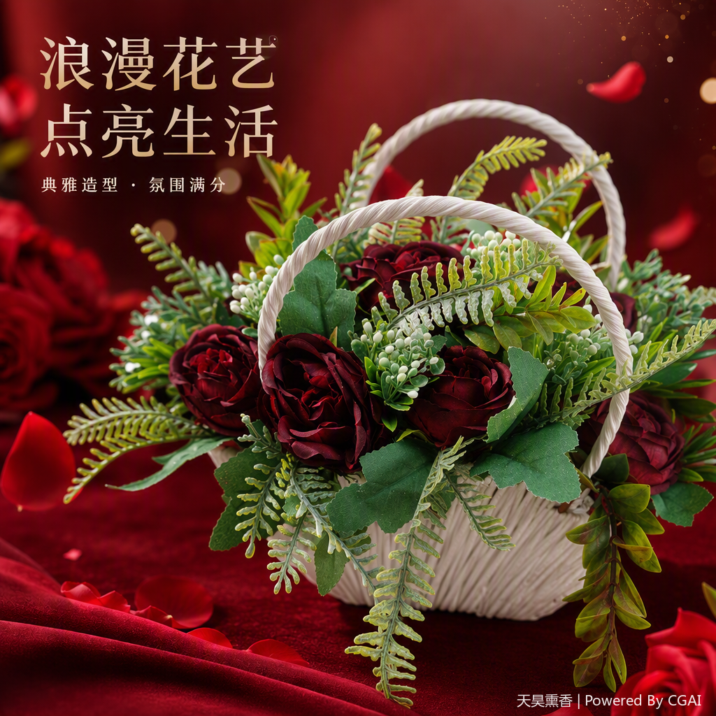 White flower baskets, deep red rose bouquets, romantic fresh flower arrangements, gifts for birthdays, Valentine's Day, wedding decorations, handcrafted Specification image