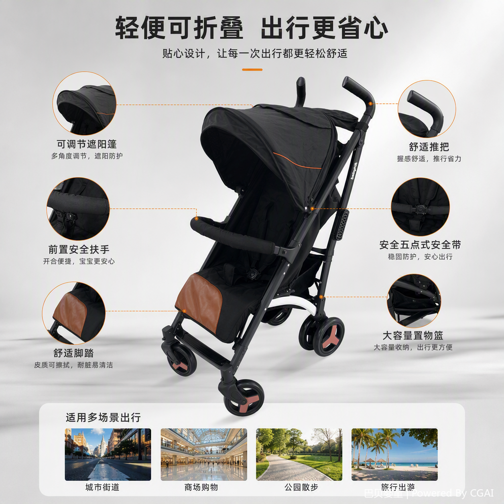 Multi-functional baby stroller, lightweight folding stroller, baby seat, infant stroller with detachable shoulder strap details Picture
